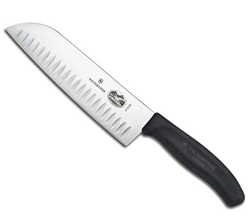 Victorinox 7-Inch Fibrox Santoku Knife with Granton Edge - Black Handle