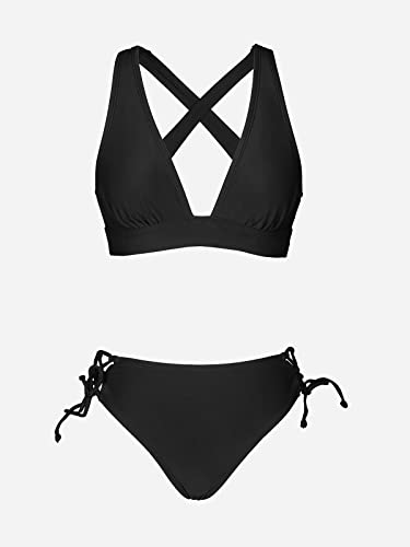 Cupshe Women's Bikini Set Deep V Neck Two-Piece Swimsuit, Medium Black