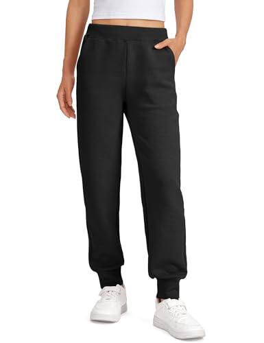 High Waisted Girls Sweatpants - Casual Joggers with Drawstring, Black, 9-10 Years