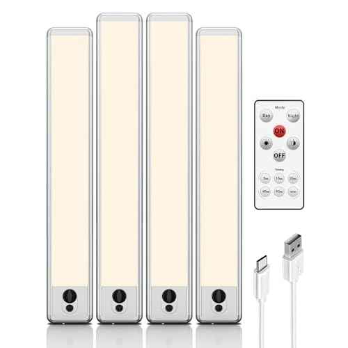 EZVALO Under Cabinet Lights, 14.5i'' Motion Sensor Light Indoor Dimmable, 4000mAh Rechargeable Closet Lights 3700K with Remote Control, Wireless Under Counter Light for Kitchen,Cabinet,Bedroom(4Pcs)