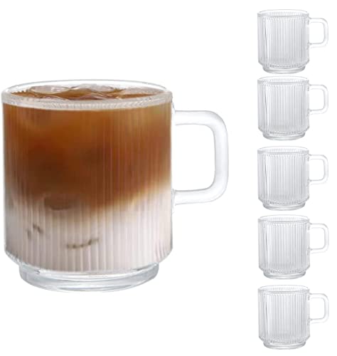 6 Pack 12 oz Premium Glass Coffee Mugs with Handles - Clear Striped Tea Cups for Hot/Cold Beverages, D.M DESIGN·MASTER
