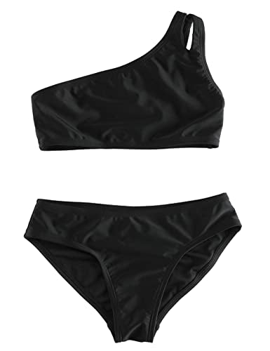 Girls One Shoulder Bikini Swimsuit - Solid Black, Size 8-10