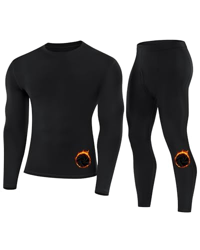 Runhit Mens Thermal Underwear Set Fleece Lined Long Johns – Black Size Medium