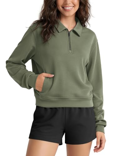 ODODOS Women's Modal Half-Zip Collared Sweatshirt - Relaxed Fit with Pockets, Dark Sage / Medium