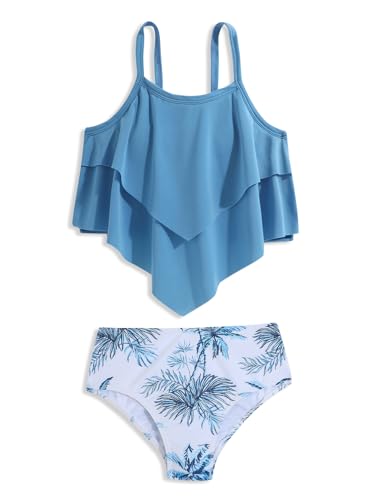 Girls Tankini Swimsuit Set - Ruffle Two Piece Swimwear, Lake Blue, 15 Years