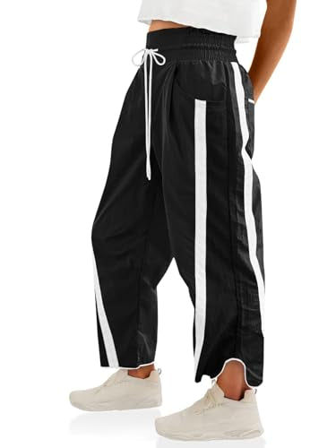 Women's Baggy Wide Leg Workout Pants with Stripes - Black, Medium