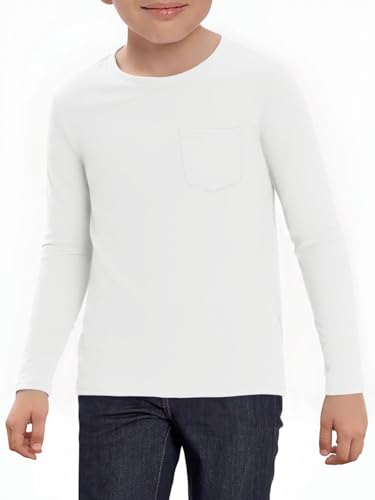 Boys Athletic Long Sleeve Shirt - Dry Fit Performance Tee with Pocket, White, 13-14 Years