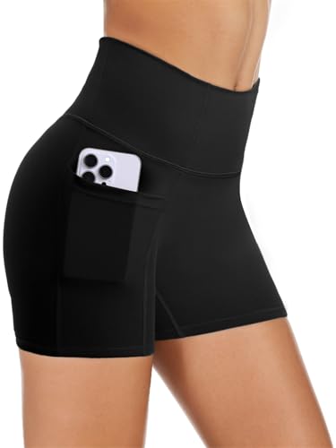 High Waisted Biker Shorts for Women with Pockets - Small Black