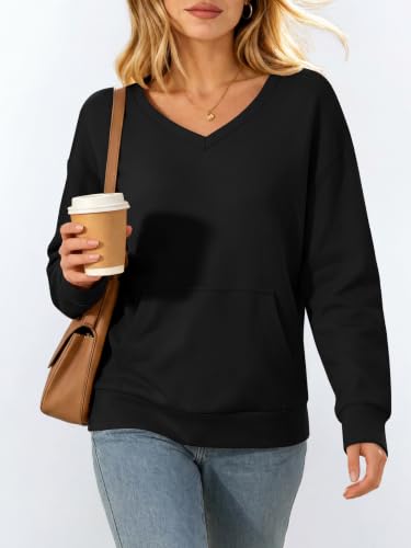 ANRABESS Women's V-Neck Long Sleeve Sweatshirt Large Black Cozy Casual Top