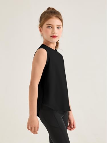 Girls Athletic Tank Top - Sleeveless Yoga & Tennis Shirt - Black, 9-10 Years