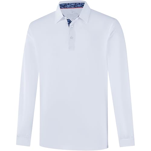 Men's Long Sleeve Polo Shirt - White, X-Large, Dry Fit Performance Golf Polo