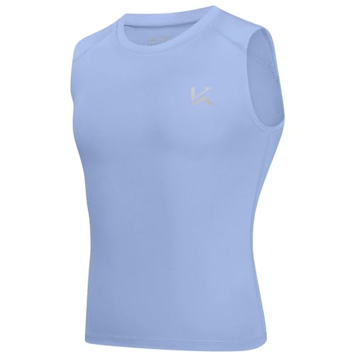 Boys Sleeveless Compression Shirt - Quick Dry Athletic Tank Top - Large Light Blue