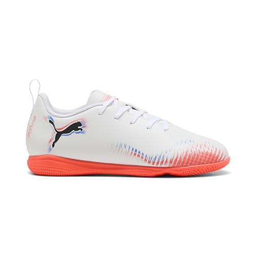 PUMA Kids' Future Play Indoor Soccer Shoes – 5 Big Kid White/Black/Glowing Red Ah25