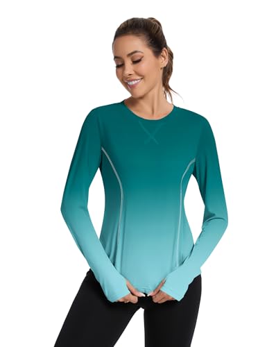 Avoogue Women's UPF 80+ UV Long Sleeve Workout Shirt with Thumb Holes Blue Green Gradient XL