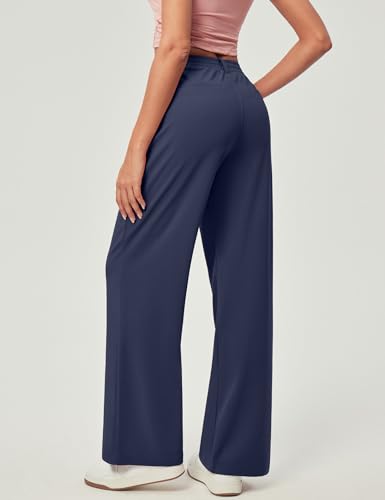 Dark Blue Wide Leg Dress Pants for Women Pull-On Business Casual Workwear Large