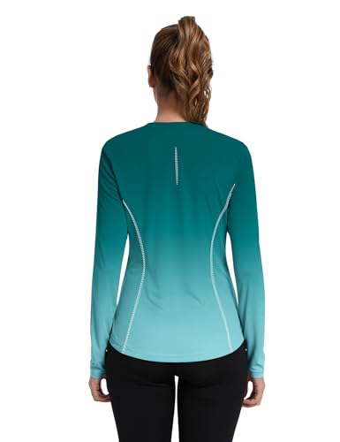 Avoogue Women's UPF 80+ UV Long Sleeve Workout Shirt with Thumb Holes Blue Green Gradient XL