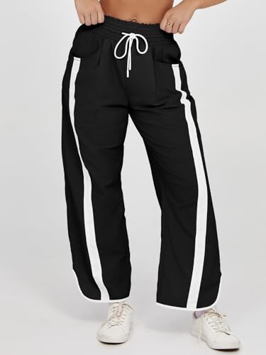 Women's Baggy Wide Leg Track Pants with Drawstring and Contrast Color