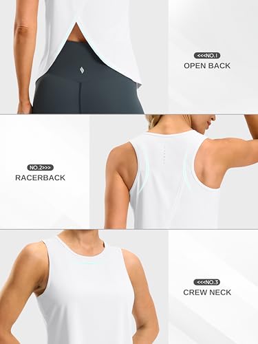 SANTINY Women's Open Back Athletic Tank Top - Medium White - Workout & Running Shirt
