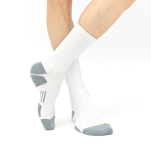 JOYNÉE 8 Pairs Mens Athletic Crew Socks Cushion Running Work Breathable White Large