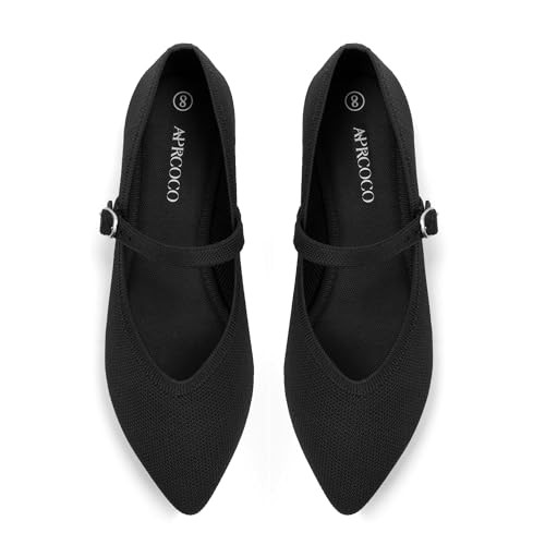 AprCoco Black Knit Pointed Toe Ballet Flats for Women with Ankle Strap - Casual & Comfortable