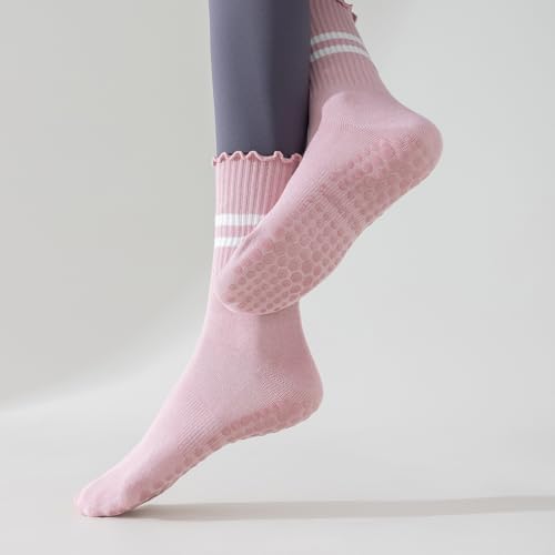 Pilates Socks with Grips - 3 Pairs Non-Slip Ruffle Ankle - White/Black