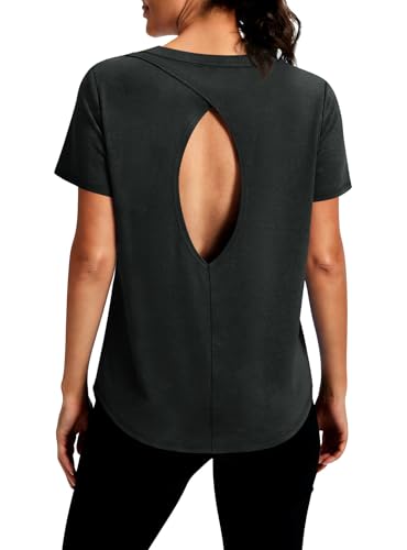 Open Back Workout Top for Women - Short Sleeve - Large Black