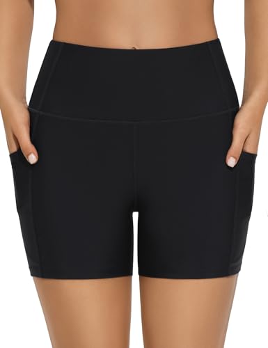 Bonneuitbebe Women's High Waisted Swim Shorts Black Medium - Bathing Suit Bottoms Boyshorts
