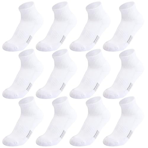 Kids Cotton Cushioned Ankle Athletic Socks 12 Pairs, White, 7-10 Years