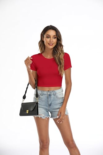 Womens Crew Neck Stretchy Crop Top Short Sleeve Shirt - Red / X-Small
