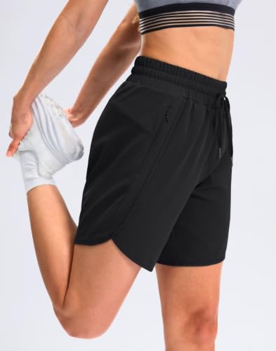 SANTINY Women's Athletic Running Shorts 7 Inch Large Black with Zipper Pockets
