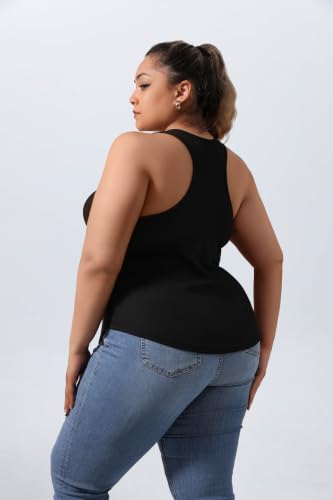 DAGGLOSA Plus Size Racerback Tank Top with Built-in Bra - Curved Hem, 3X Black