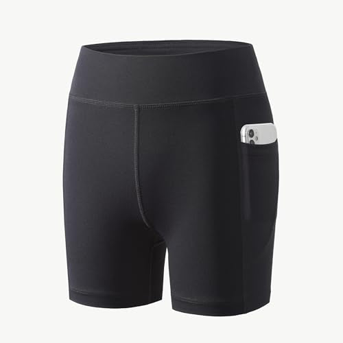 MIVEI Youth Girls Volleyball Spandex Shorts with Pockets, 4 Inch, Medium, Black