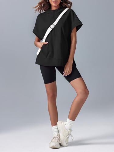 Fisoew Womens Oversized Half Zip Hoodies Short Sleeve Casual Sweatshirt with Pockets