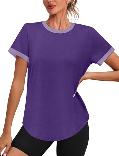 Sampeel Women's Athletic Color Block Workout Top - Sun Protection UPF 50+ X-Large Purple