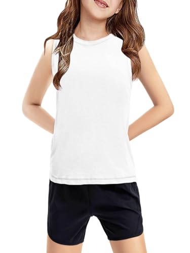 Girls Athletic Tank Top - Lightweight Sleeveless Summer Shirt - White 10-12Y