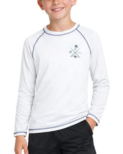 Boys Long Sleeve Rash Guard Swim Shirt - Sun Protection, Age 12-14, White