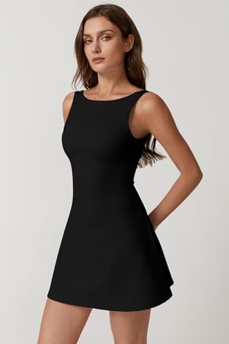 QINSEN Women's Open Back Tennis Dress Small Black Sleeveless Athletic Golf Dress with Pockets