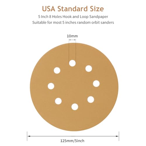 5 Inch 8 Hole Sanding Discs Hook and Loop, 50 PCS 220 Grit Sand Paper Disc for Random Orbital Sander, Gold Sandpaper Pads for Automotive and Woodworking