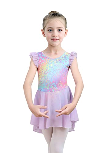 Ruffle Sleeve Tutu Leotard Dress for Girls - Leopard-Purple, 5-6 Years