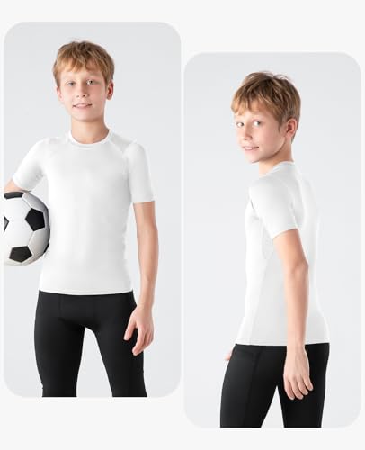 Boys Compression Shirt - Youth Athletic Quick Dry Base Layer - Small / White