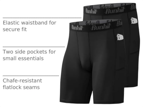 Runhit Men's Compression Shorts with Pocket - Black, Large, Athletic Workout Underwear