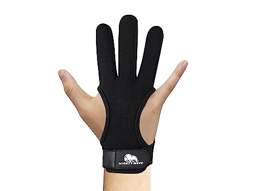 Genuine Leather Archery Gloves - 3 Finger Protector - Black 4-Way Stretch Fabric - Youth-Medium