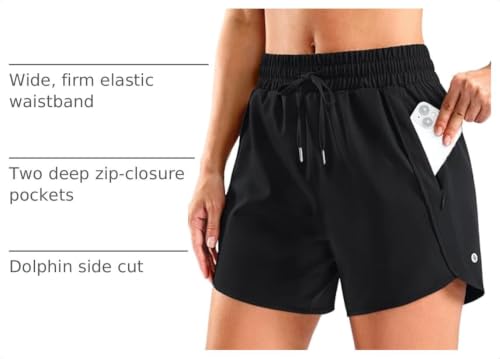 SANTINY Women's Athletic Running Shorts 7 Inch Large Black with Zipper Pockets