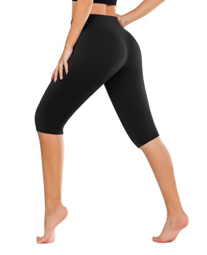 High Waisted Tummy Control Leggings for Women - Knee Length - Black