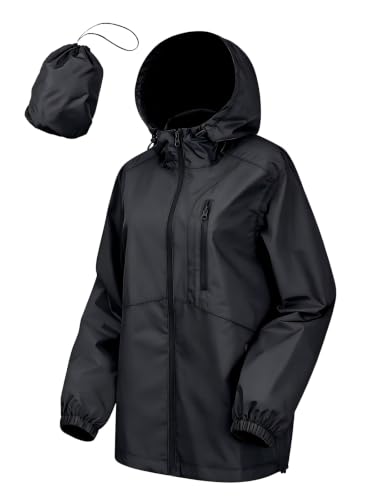 CRIPOM Women's Waterproof Hooded Rain Jacket - Light, Breathable, Black, Large