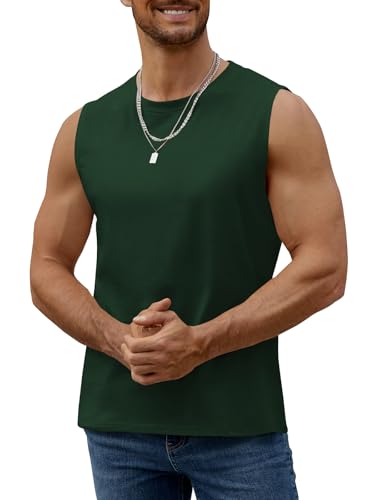 Men's Sleeveless Gym Tank Top - Muscle Cut Off Shirt - Large Dark Green