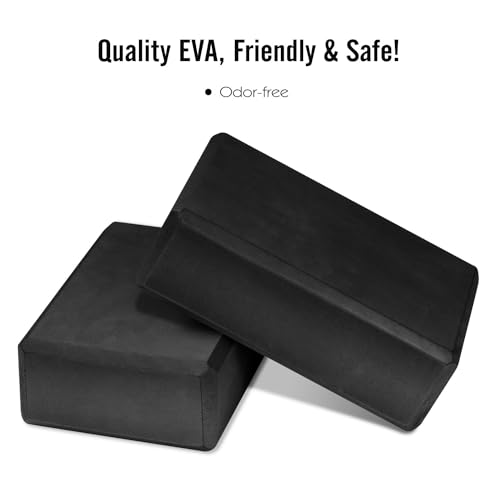 Yoga Blocks 2 Pack - 9" x 6" x 3" High Density EVA Foam - Black