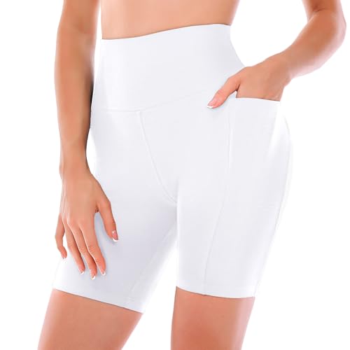 Biker Shorts with Pockets for Women - Regular Fit, Large-X-Large, White