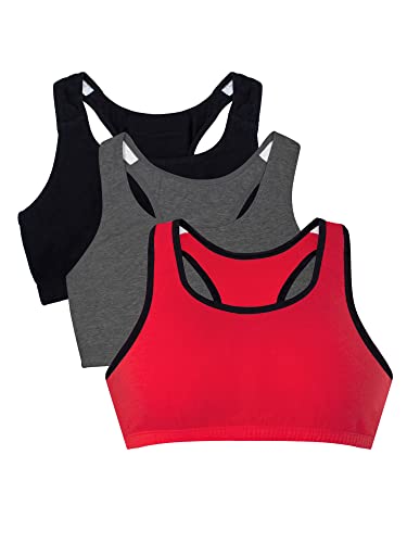 Fruit of the Loom Women's Wireless Cotton Sports Bra 3-Pack - Red Hot/Black/Charcoal, Size 50