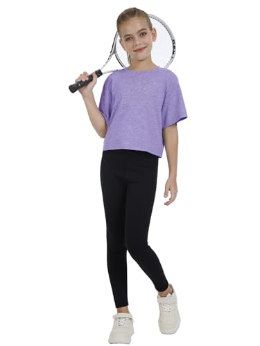 Girls Short Sleeve Crop Top - Athletic Crew Neck Basic Tee - Purple, 5-6Y